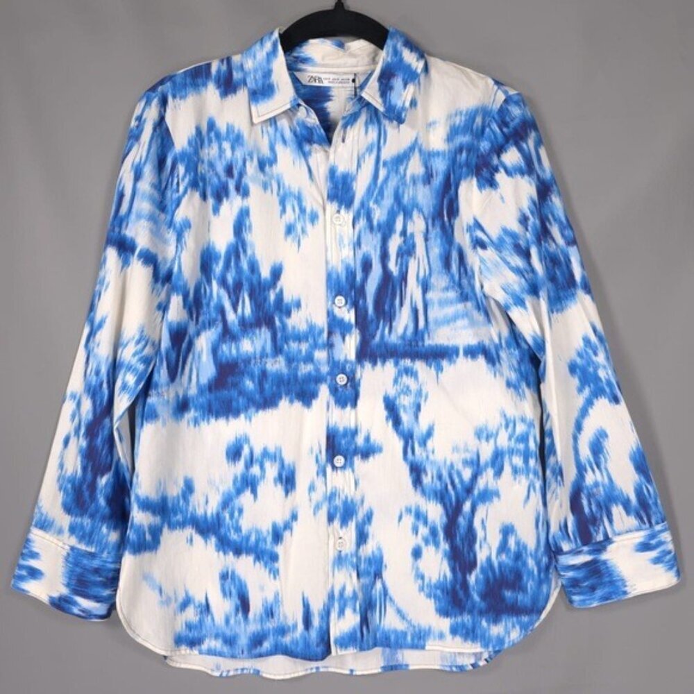NWT ZARA Printed Poplin Button Up Shirt Blue White Women’s SMALL 3134/153/400